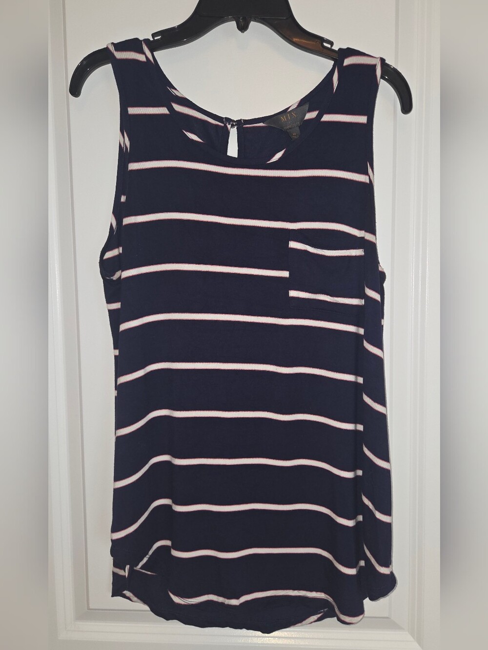 MIX Navy White Striped Tank Top Keyhole Back Front Pocket Size M